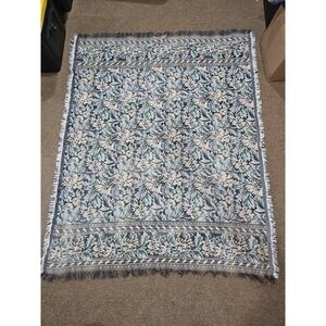 Goodwin Weavers Throw Blanket ~ 50x63 Blue Floral Cotton Fringe Reversible USA